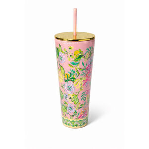 Lilly Pulitzer Pink Floral Tumbler w/ Straw Gold Lid BPA Free Summer Preppy Cup